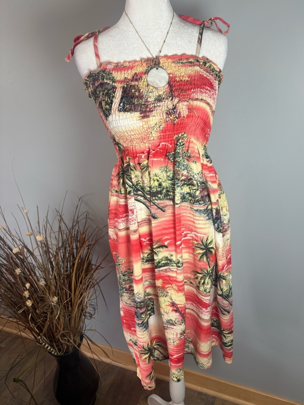 Vintage Hawaiian Dress Made in Hawaii Smocked Sundress Tropical Print Size M